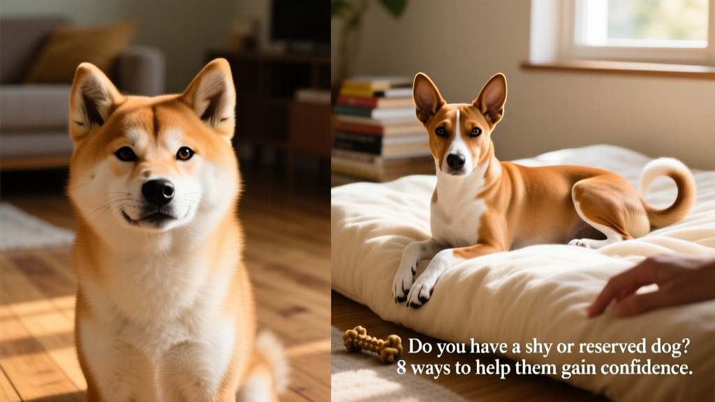 Side-by-side photos of a calm Shiba Inu gazing thoughtfully at the camera and a gentle-eyed Basenji resting quietly beside a soft bed