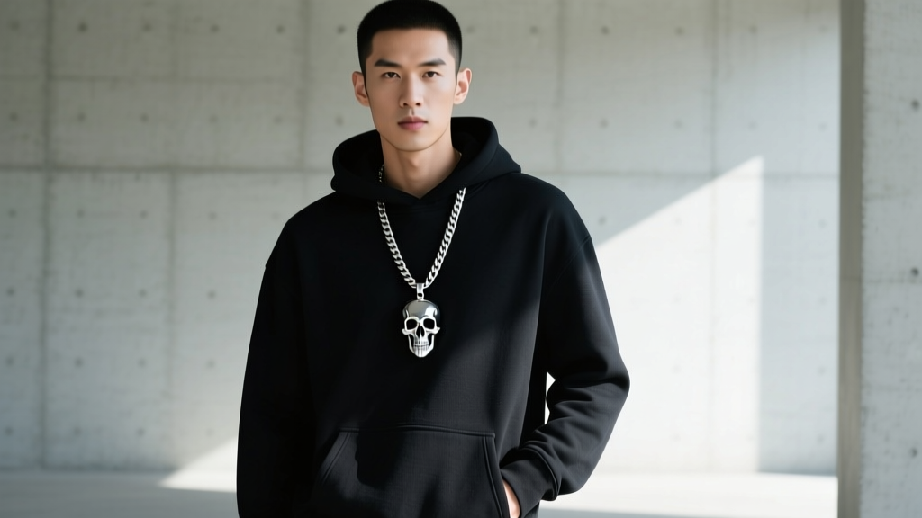 Male model in black hoodie wearing a 24-inch wheat chain with a large silver Helmaroc skull pendant resting on the sternum