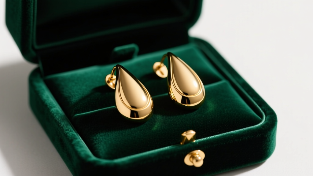 Gold-plated Bottega Veneta teardrop earrings resting on dark emerald velvet jewelry box under soft studio lighting