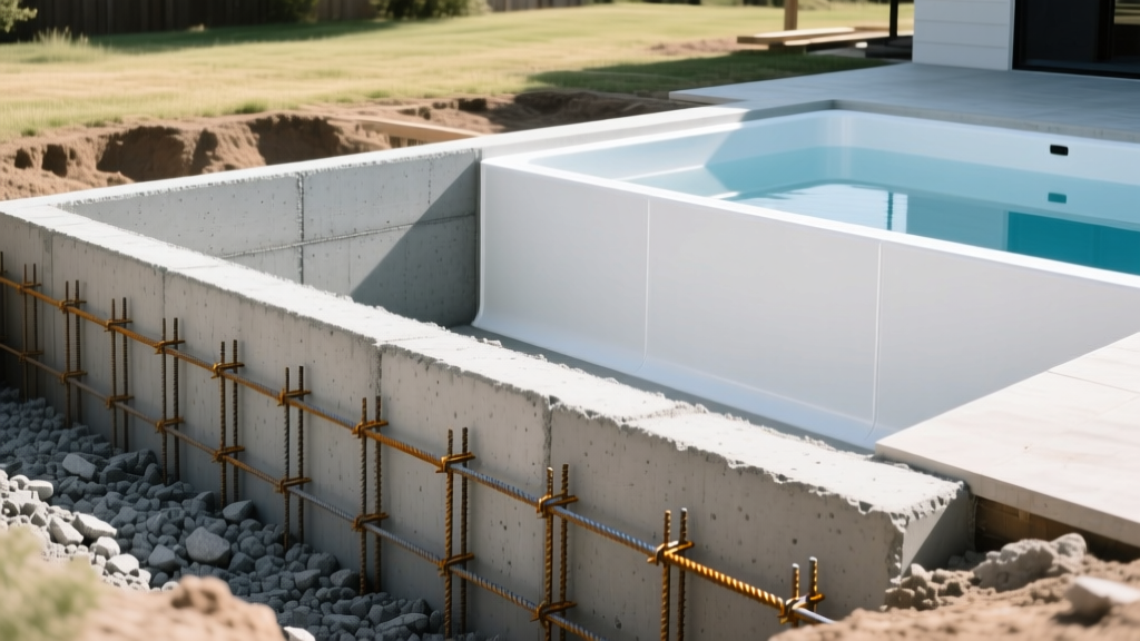 Excavated backyard showing a thick shotcrete pool shell with exposed steel rebar next to a polymer-walled vinyl liner pool frame