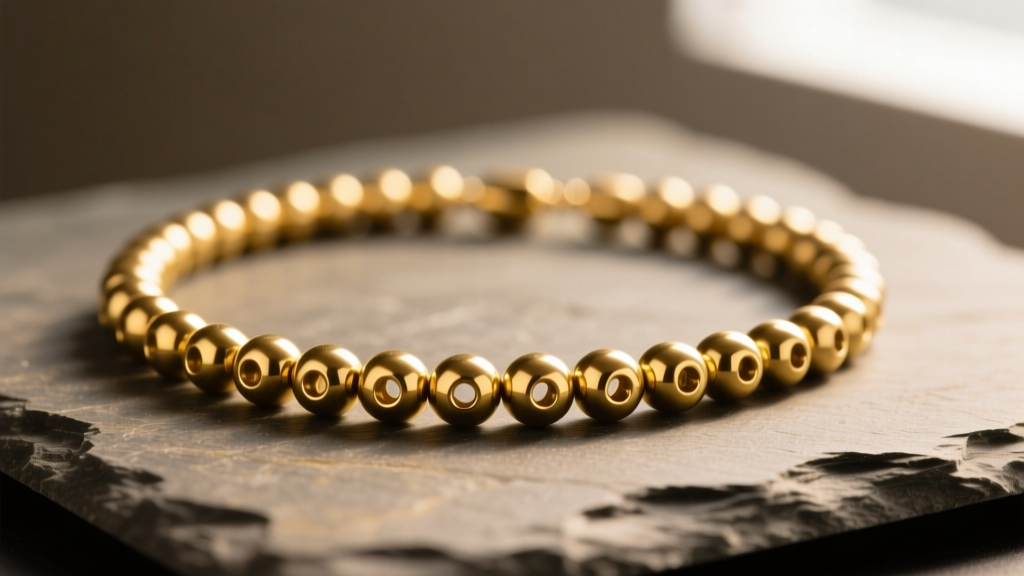 Macro shot of raw C26000 brass bead necklace on slate, highlighting golden-yellow metallic luster and precise 1.5mm drill holes.
