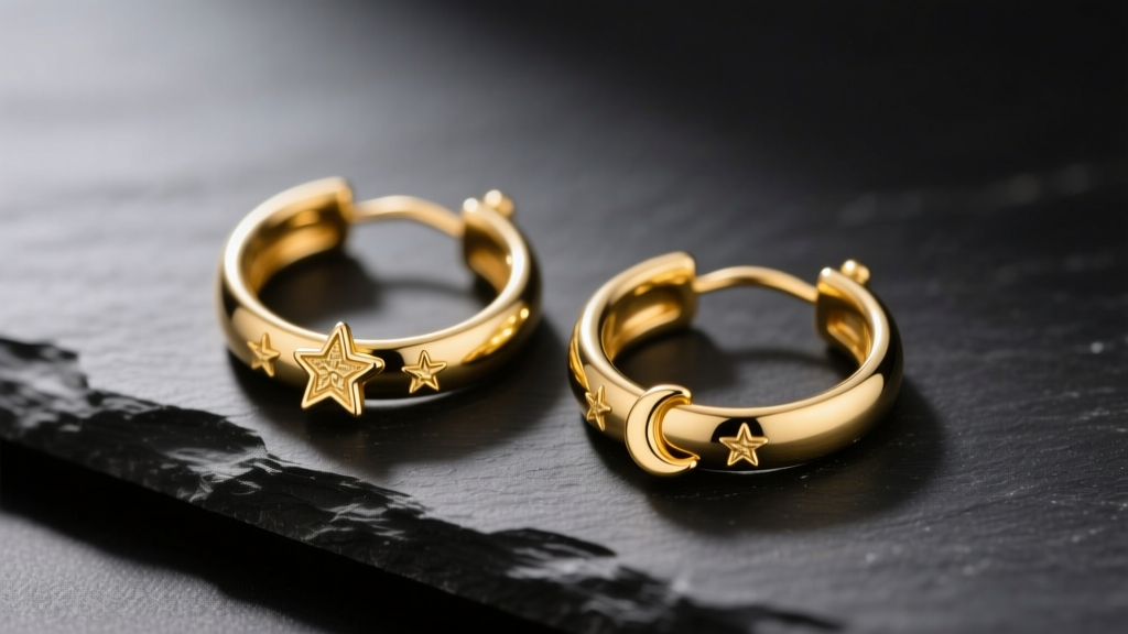Close-up of 14k yellow gold charm hoop earrings resting on a dark slate surface, featuring small star and moon charms, lit softly.