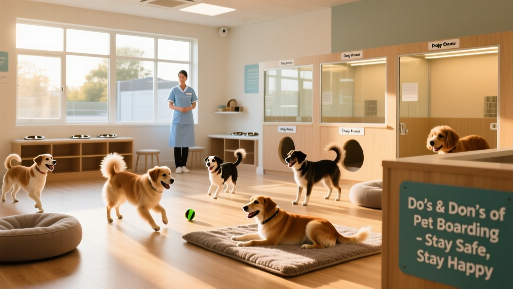 A friendly, clean doggy daycare space with dogs playing under supervision