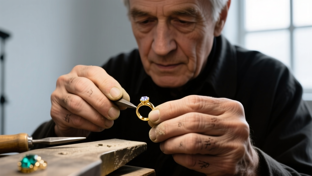 Close-up of a jeweler's loupe examining a 750 gold hallmark stamp on a vintage Italian bracelet clasp under bright bench lighting.