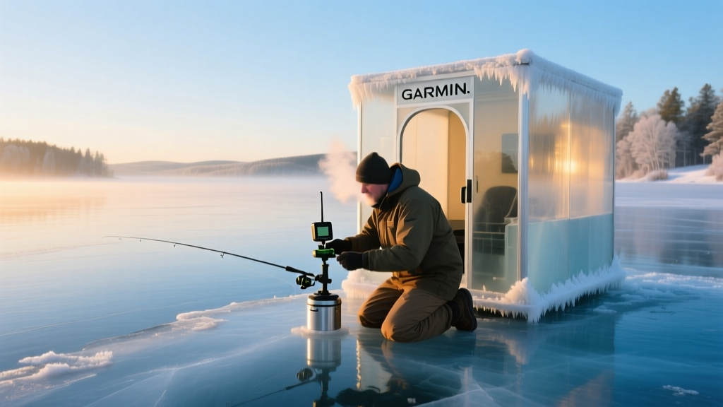 Angler kneeling on frozen lake setting up a Garmin LiveScope sonar unit and underwater camera inside a heated ice shanty at dawn