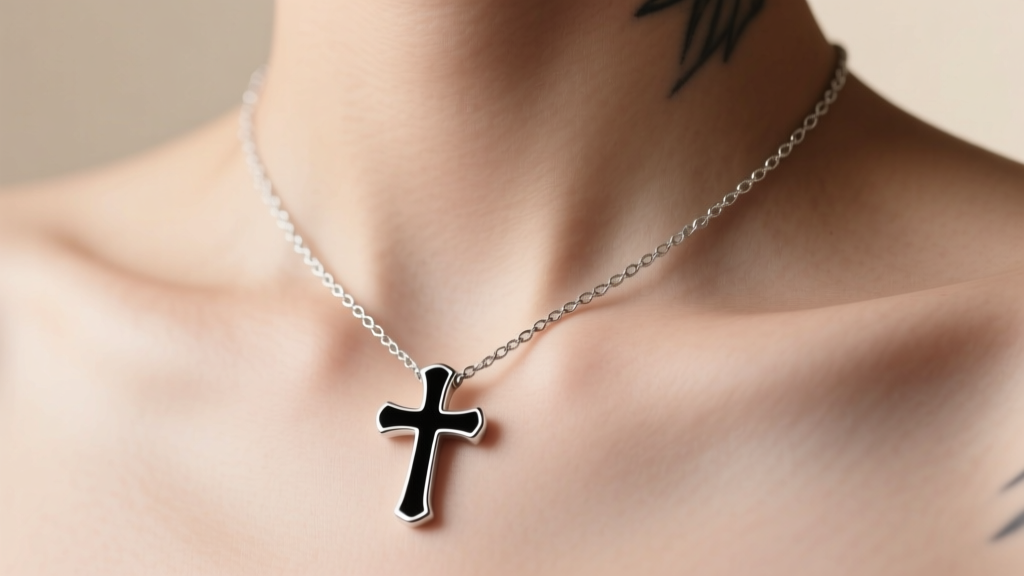 Delicate sterling silver fine-line cross tattoo necklace resting on a collarbone, featuring black rhodium plating and a thin cable chain
