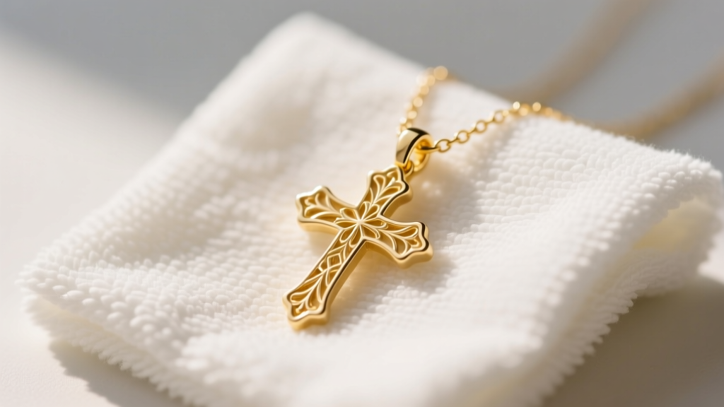 Close-up of a delicate 14k yellow gold little girls cross necklace resting on a soft white microfiber cleaning cloth in bright light.