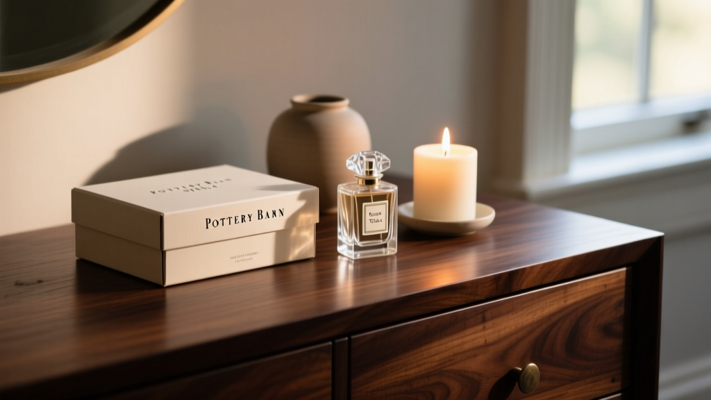 Closed Pottery Barn Stella box beside crystal perfume and lit candle on dark wood dresser, creating a cozy evening aesthetic