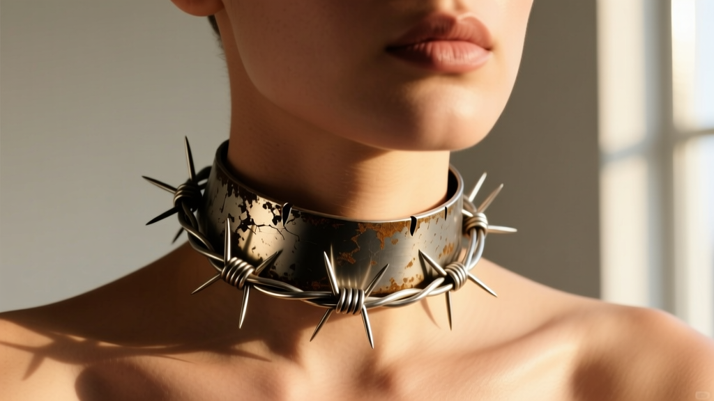 Model wearing an oxidized silver barbed wire choker, showing darkened crevices and polished barb tips against skin in warm light