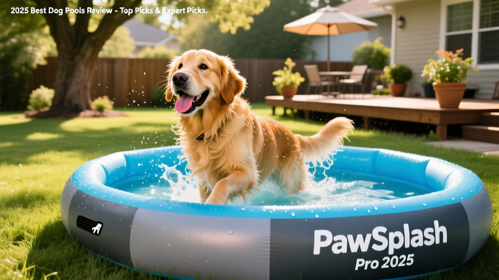 A golden retriever happily splashing in a sturdy inflatable dog pool in a sunny backyard