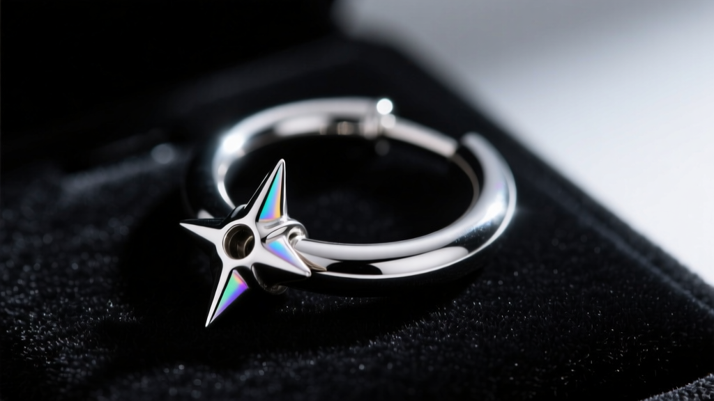 Macro shot of a 16-gauge titanium helix hoop with a gothic spike charm resting on black velvet with dramatic side lighting