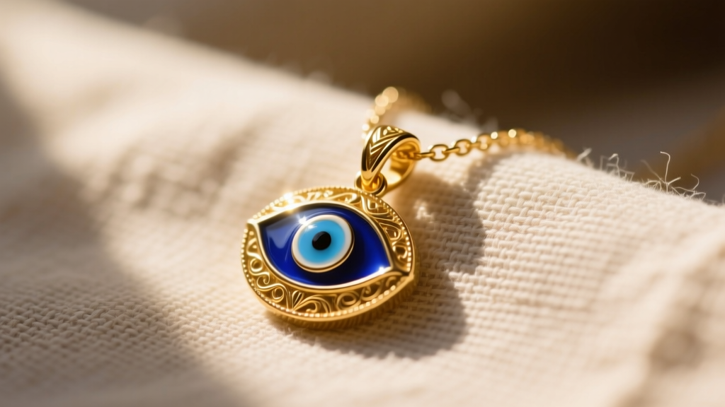 Close-up of a 14k gold evil eye talisman necklace on textured linen, soft morning sunlight highlighting its blue enamel center.