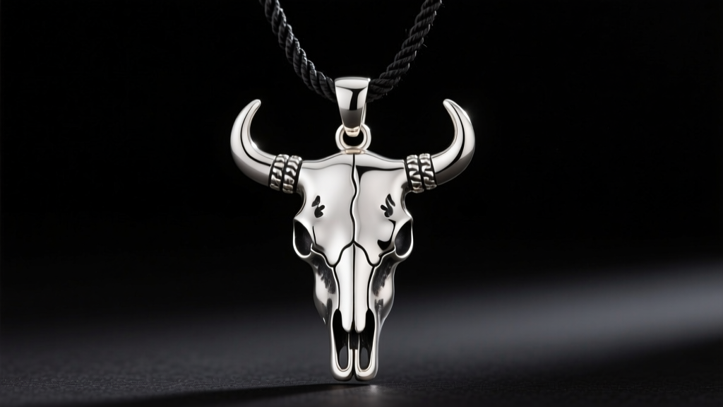 Macro shot of a 925 sterling silver cow skull pendant with oxidized recesses, hanging from a rope chain against a dark backdrop.