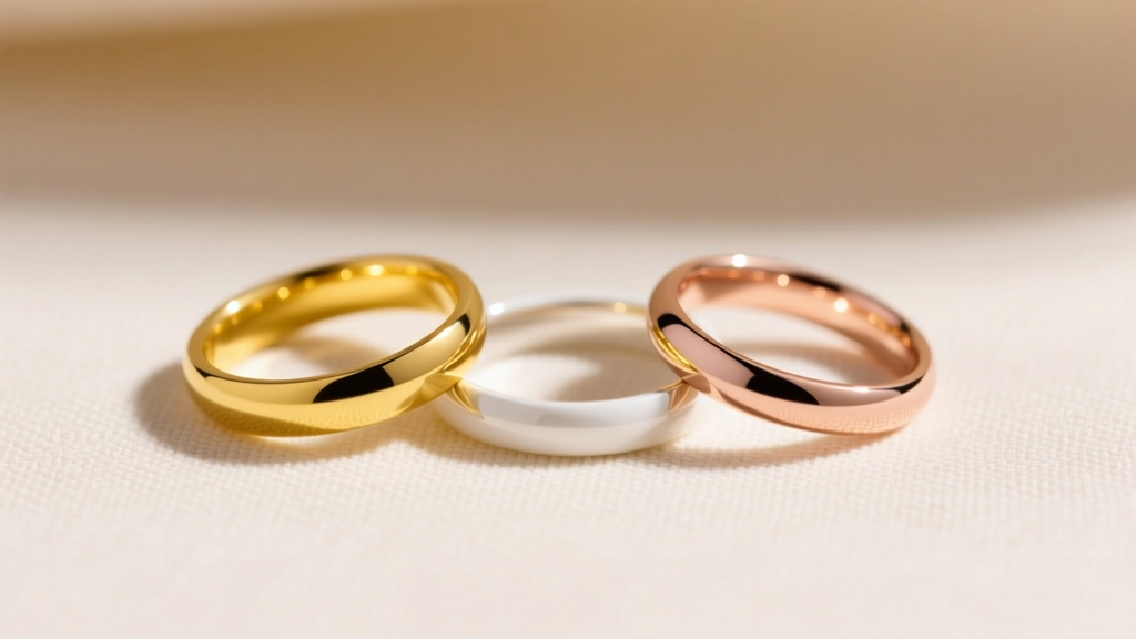 Top-down view of three 1.2mm gold rings in yellow, white, and rose tones, resting on textured linen under soft studio light.