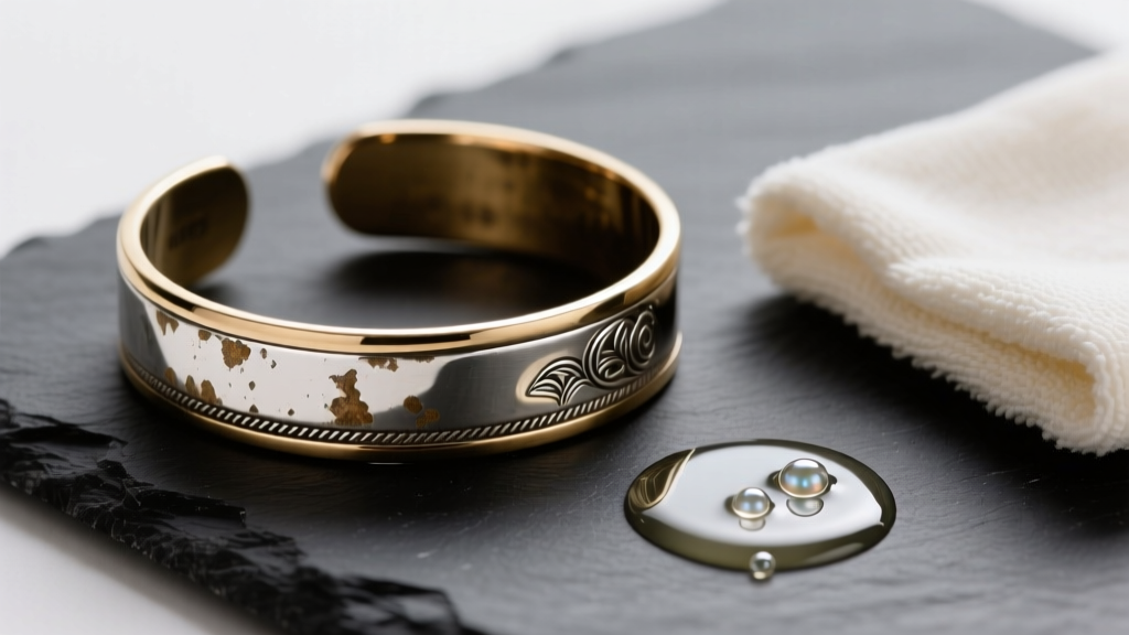 Close-up of a tarnished silver-plated brass cuff bracelet resting on dark slate next to a microfiber cloth and mild liquid soap.