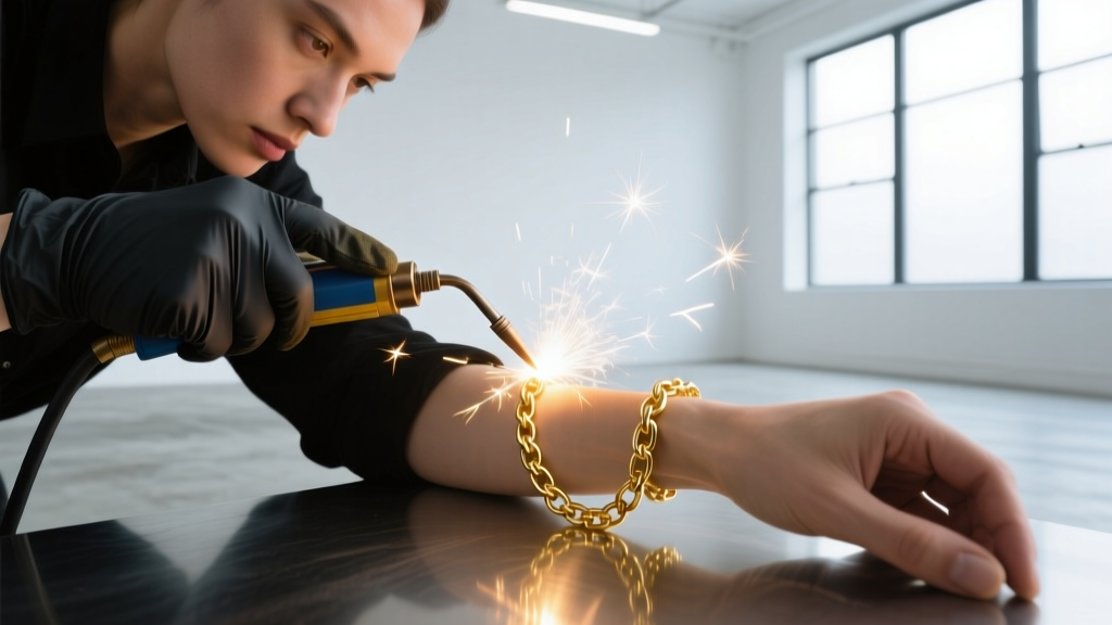 Close-up of an artist using a pulse arc welder to fuse a 14k gold chain on a client wrist in a bright, modern studio setting.