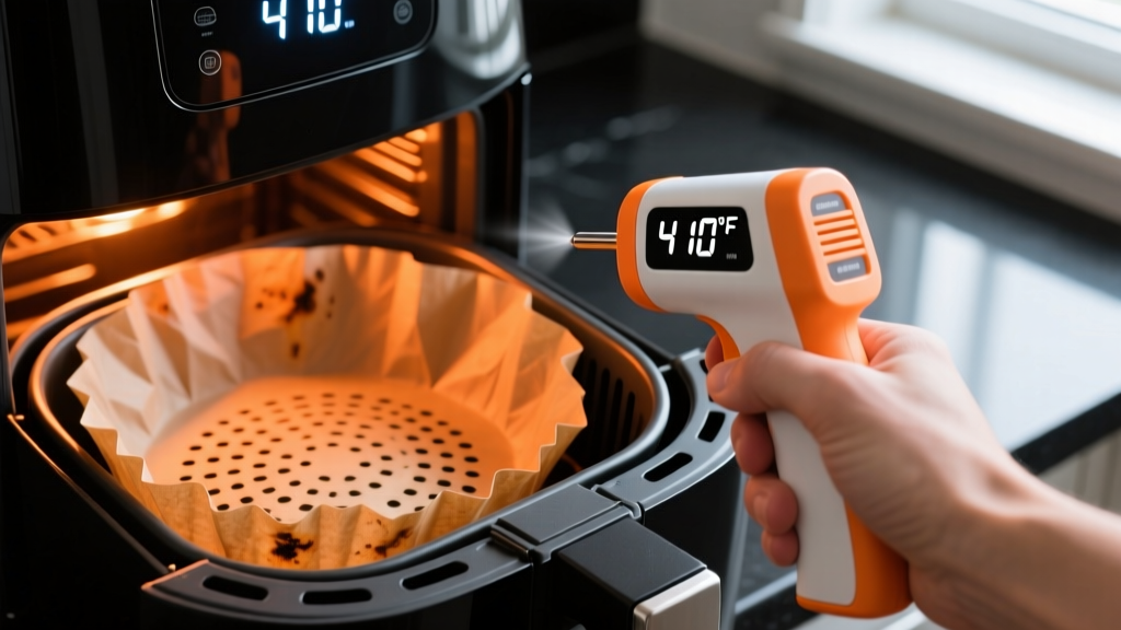 Infrared thermometer gun pointing at a perforated parchment paper liner inside a glowing air fryer basket showing 410 degrees Fahrenheit