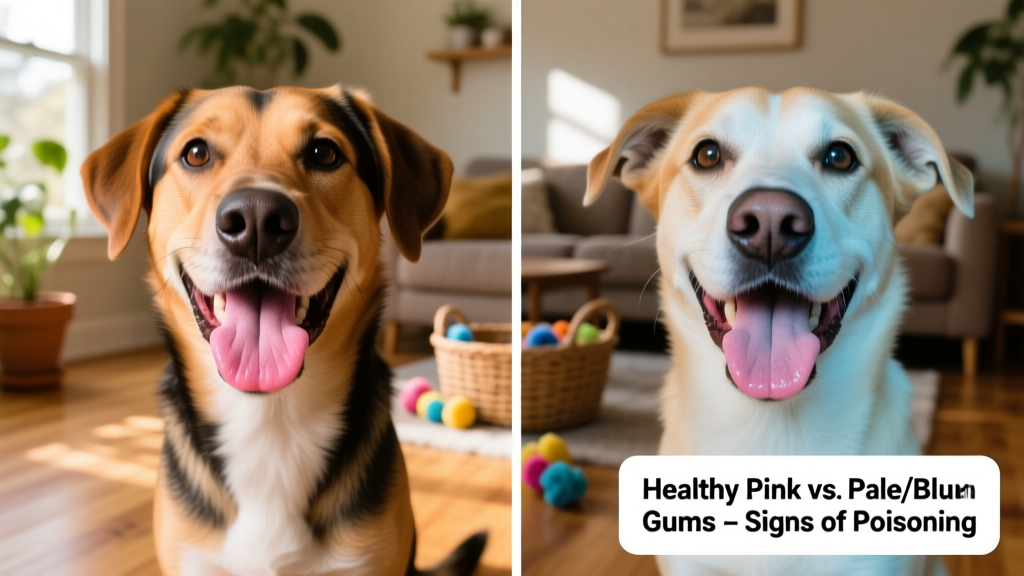 Side-by-side comparison showing healthy pink dog gums versus pale or bluish gums indicating possible toxicity
