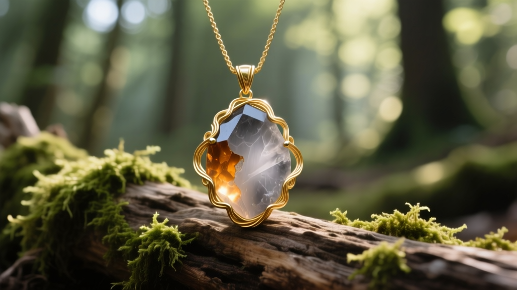 Macro shot of a raw smoky quartz phantom pendant in 14k gold wire, resting on mossy driftwood outdoors in soft daylight.