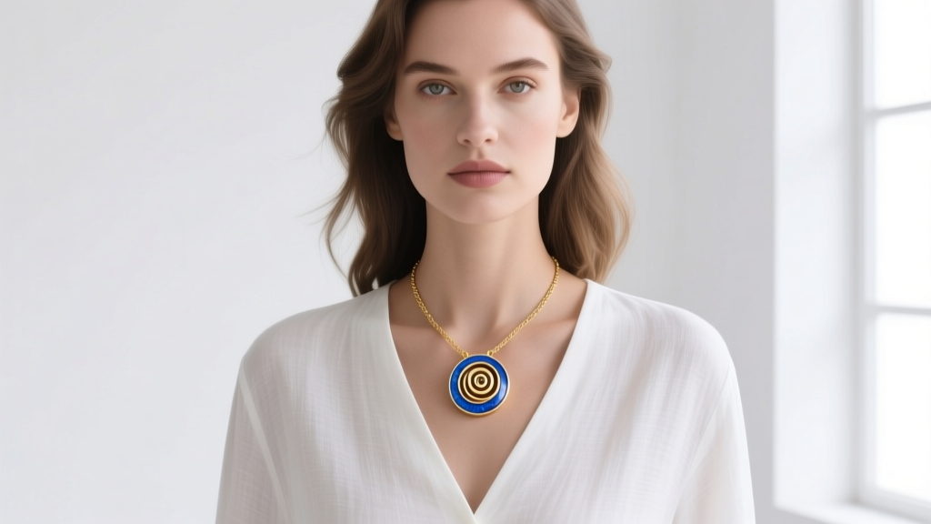 Editorial shot of a woman wearing a 14k gold and blue vitreous enamel spiral pendant necklace against a crisp white linen shirt