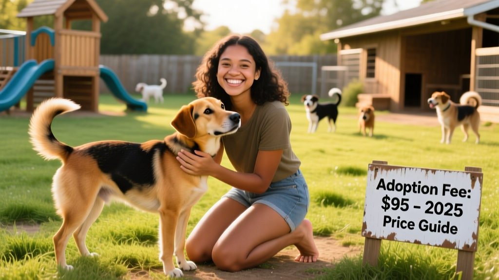 A joyful person kneeling beside a friendly, medium-sized mixed-breed dog at a sunny animal shelter outdoor yard