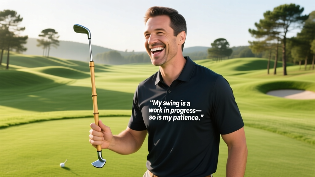 A golfer laughing on a lush green fairway while holding a bamboo divot tool with a humorous laser-engraved quote about bad swings.