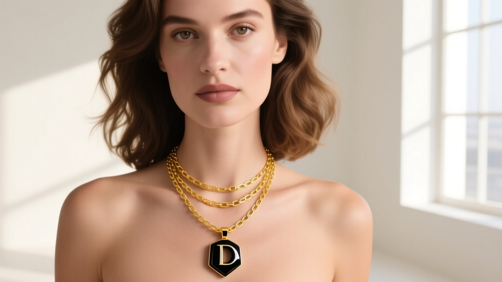 Woman wearing a layered necklace stack with a Damiani D-Icon black ceramic pendant and an 18k yellow gold paperclip chain