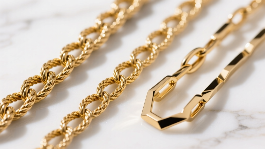 Macro shot of three gold chains side-by-side: a sturdy rope chain, a classic cable chain, and a flat Franco chain on white marble