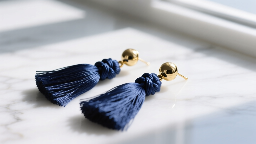 Macro shot of navy blue silk tassel earrings on white marble, showing intricate thread wrapping and polished gold hardware caps.