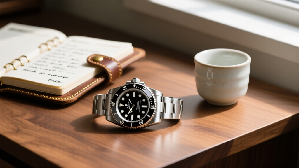 Close-up of a steel Rolex Submariner resting on a wood desk beside a leather appointment book and a small white ceramic cup.