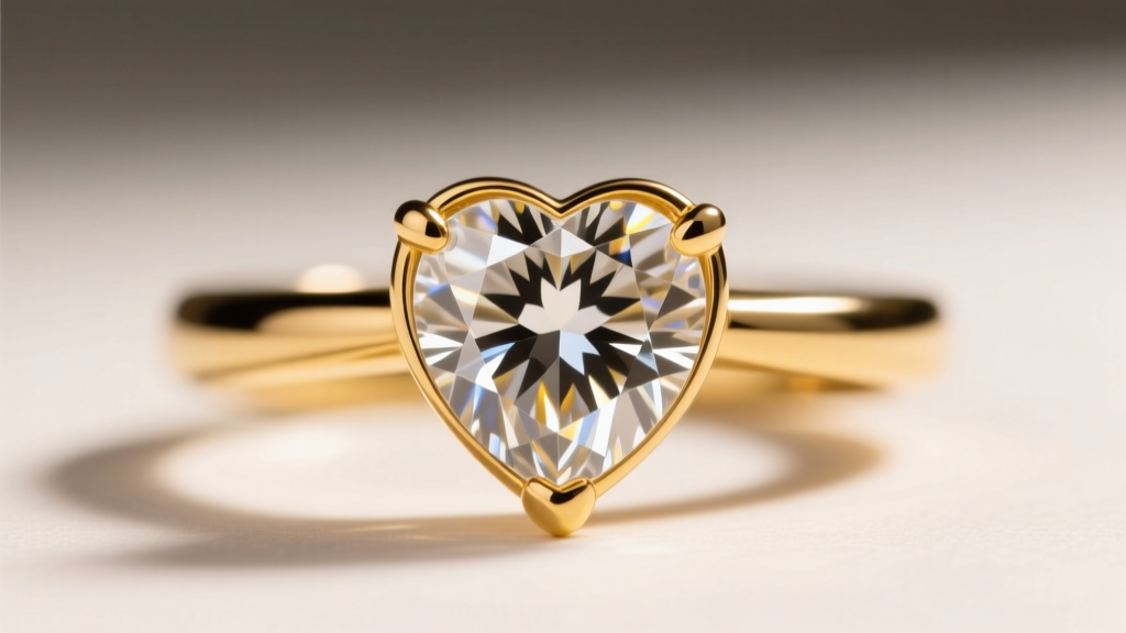 Macro shot of a heart-shaped diamond cleft and prongs in 14k yellow gold, showing precise symmetry and bright light reflections
