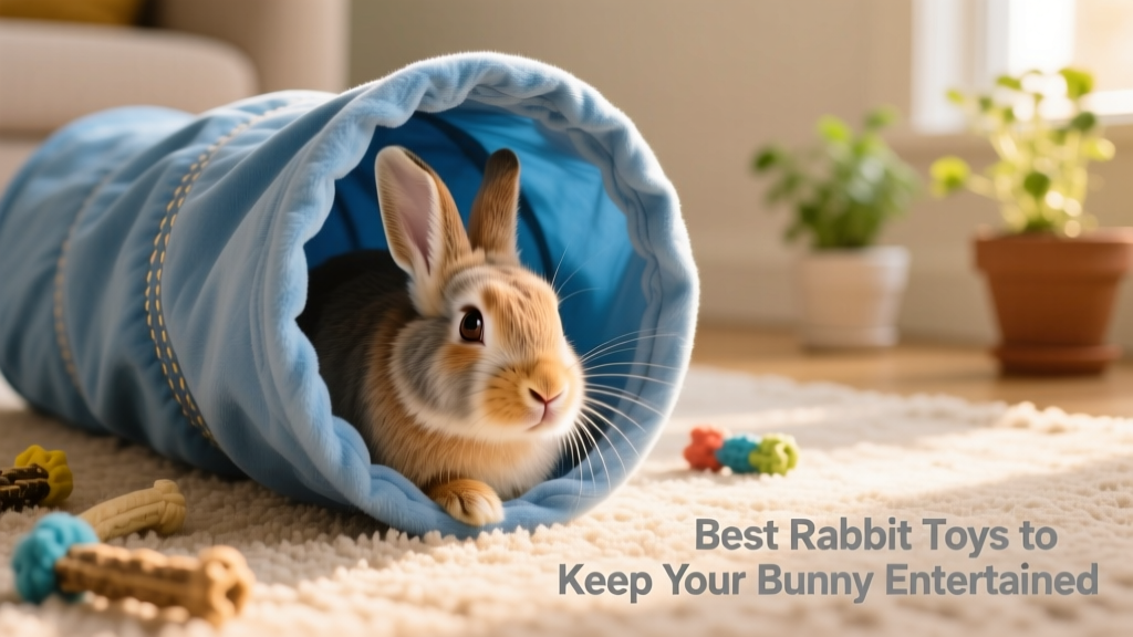A rabbit relaxing inside a plush blue tunnel, peeking out curiously