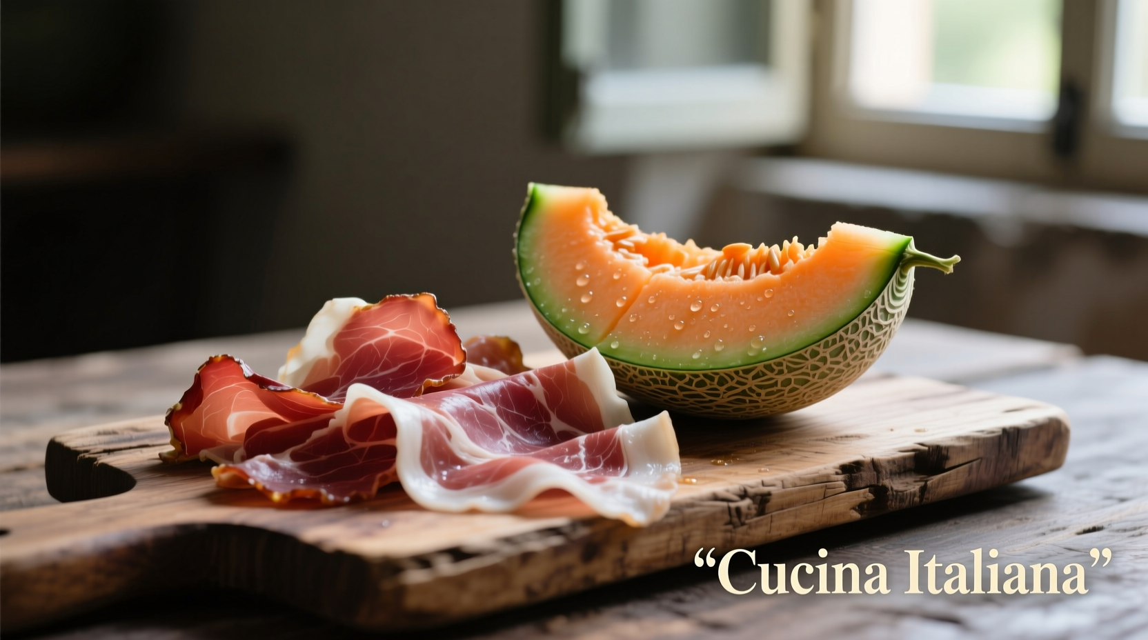 Thinly sliced prosciutto on wooden board with melon