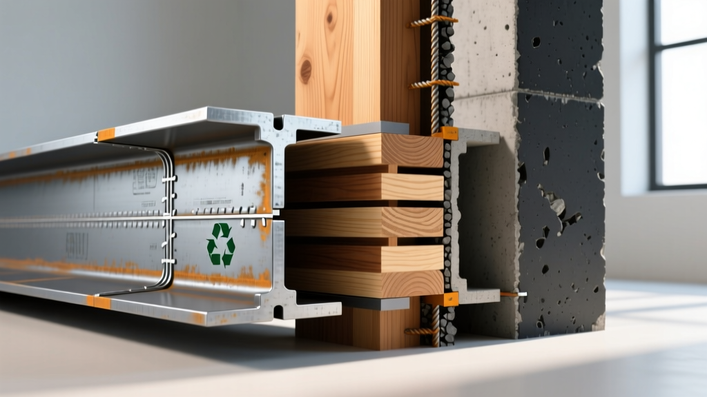 Side-by-side cross-section rendering of a recycled steel I-beam frame next to engineered mass timber and poured concrete pillars