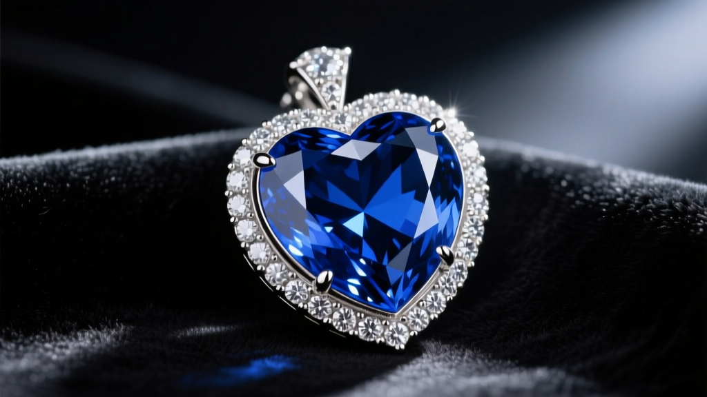 Close-up of a large heart-shaped blue sapphire pendant surrounded by pavé diamonds on a platinum chain, resting on dark velvet