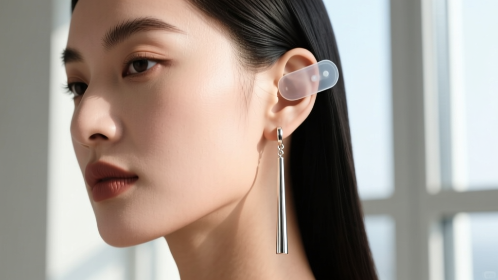 Profile of a woman wearing a long silver dangly earring supported by a clear silicone earlobe patch to prevent tissue stretching