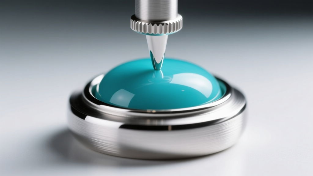Close-up of a steel bezel pusher securing a round turquoise cabochon in a fine silver bezel cup under bright bench lighting