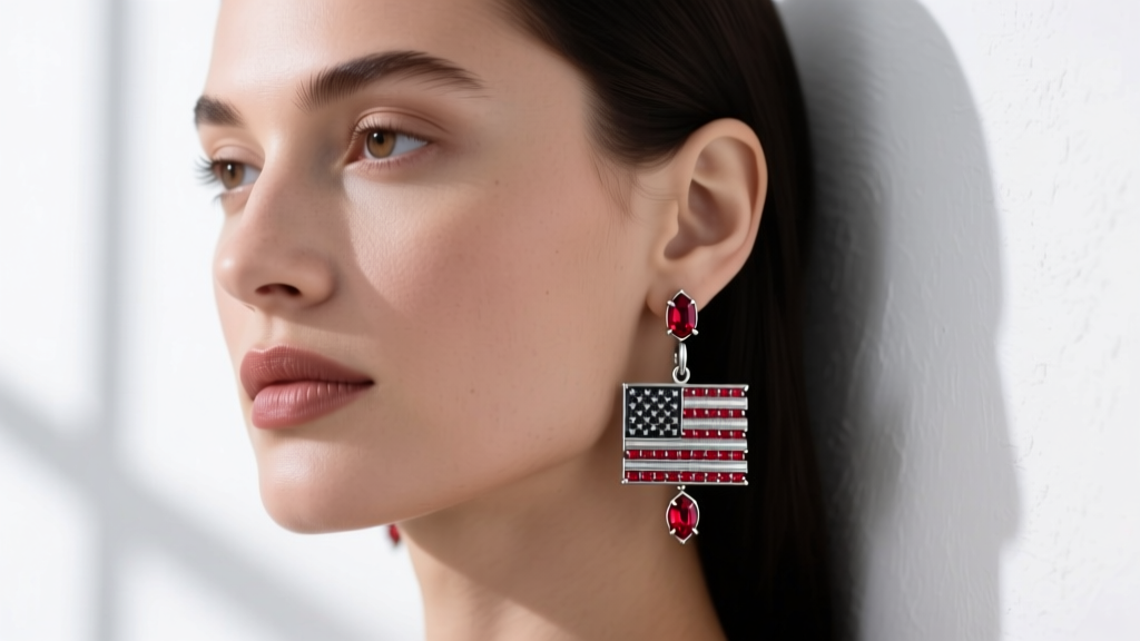 Portrait of a woman wearing American flag dangle earrings of oxidized sterling silver and ruby gems, lit by soft window light