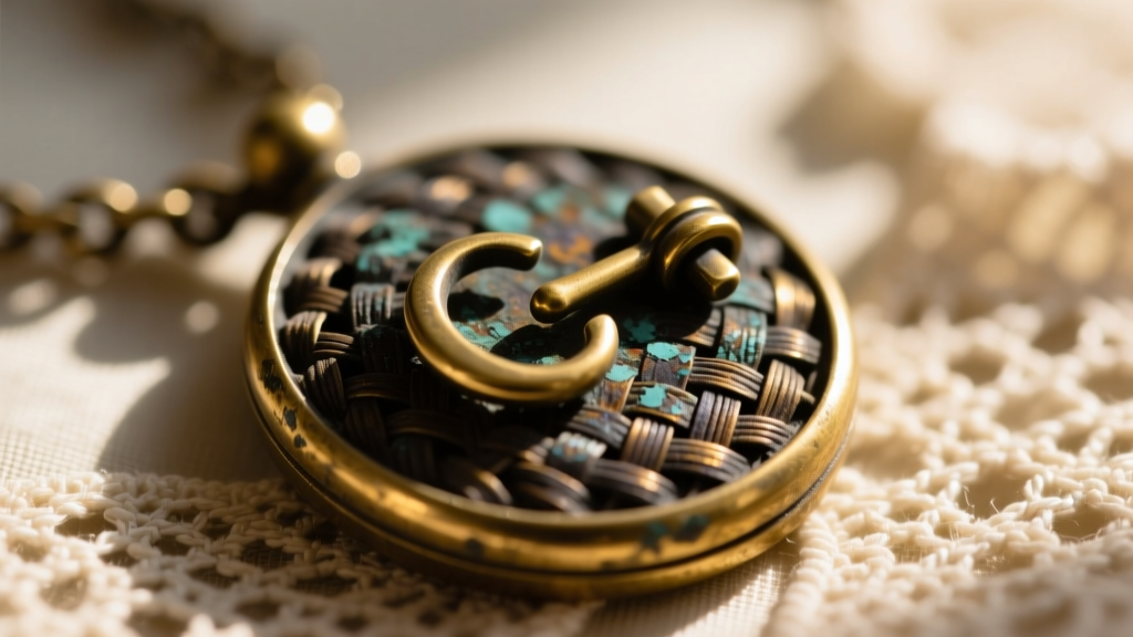 Macro photo of a tarnished brass C-clasp and hinge on a 19th-century hair woven pendant back, showing heavy age and dark patina.