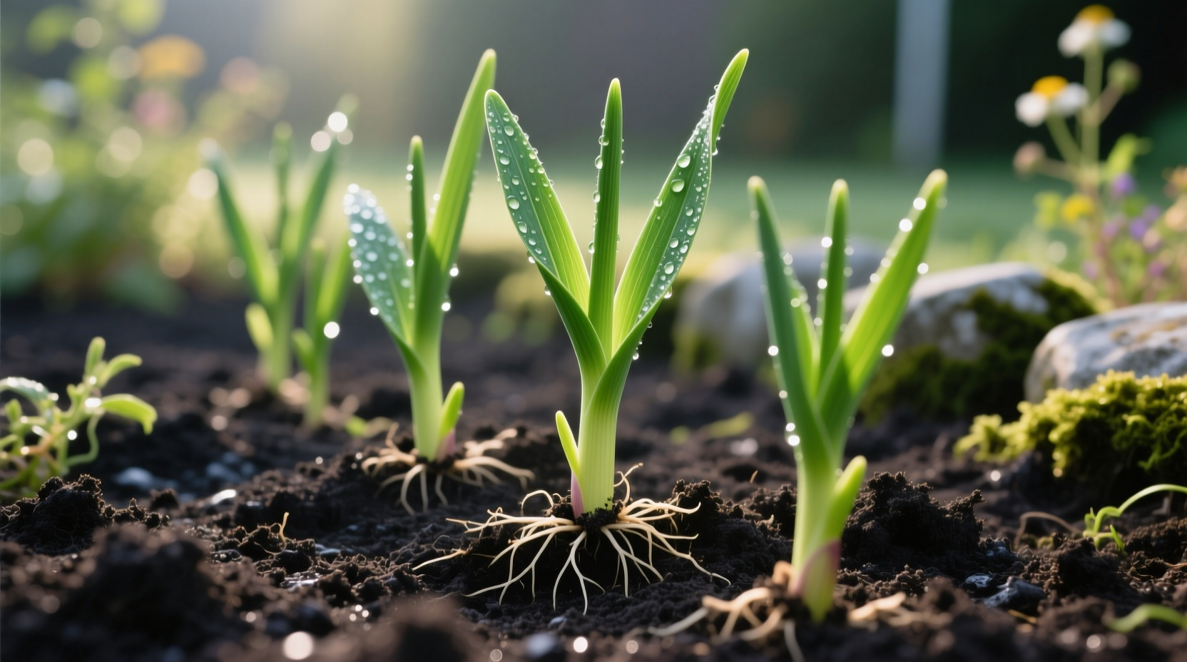 Garlic plants growing in garden soil with visible green shoots