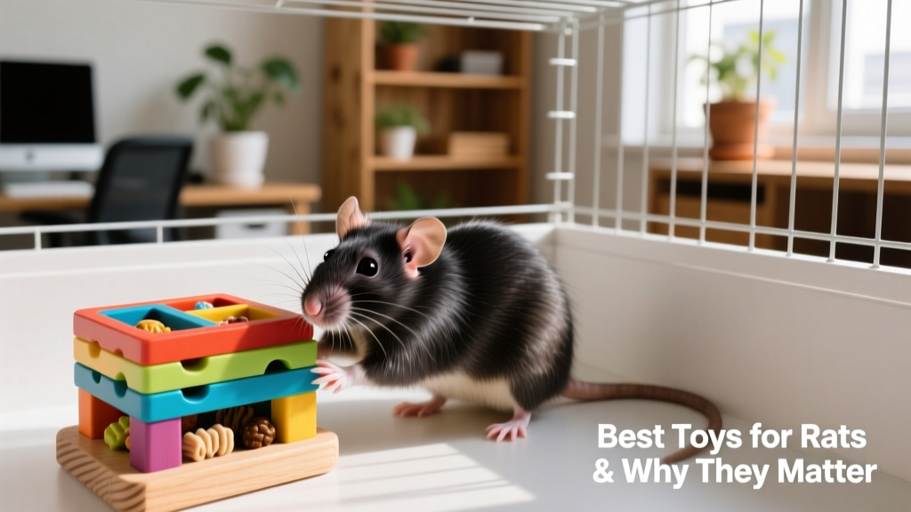 A curious pet rat exploring a colorful puzzle toy inside a clean, spacious cage