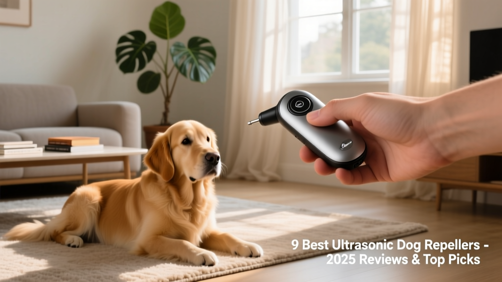 A hand holding a compact ultrasonic dog repeller pointed toward a calm, seated dog in a living room setting