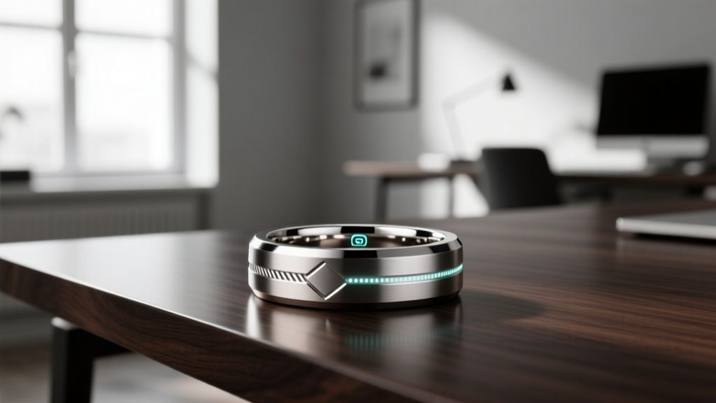 A sleek titanium smart ring resting on a dark wooden desk, highlighting its minimalist design and embedded biometric sensors.