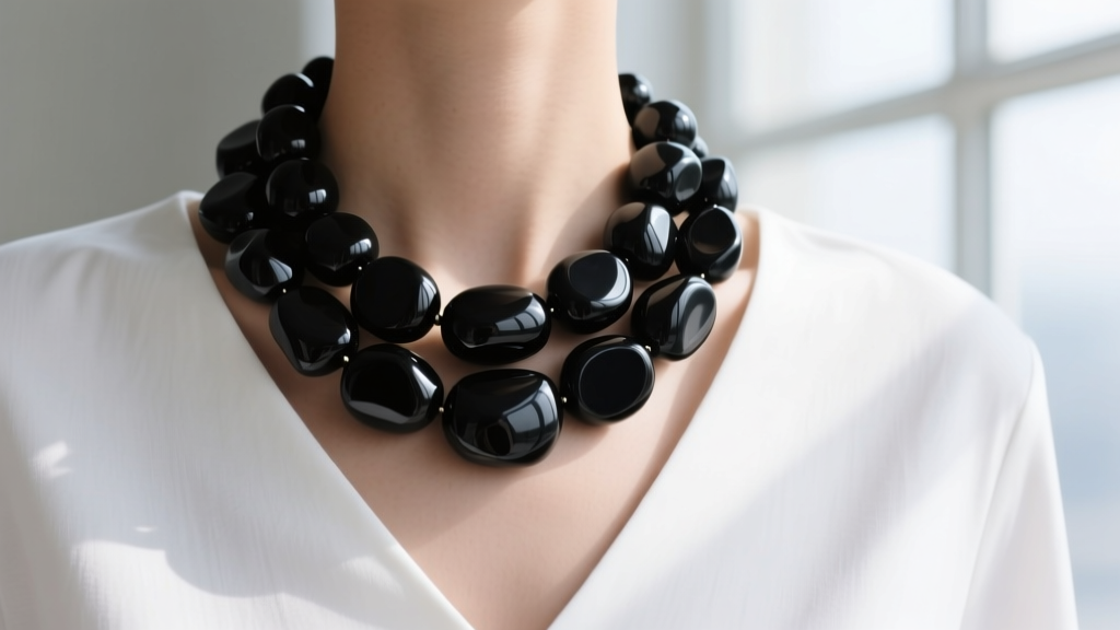 Fashion shot showing a layered chunky black onyx bead necklace resting perfectly on the collarbone over a crisp white V-neck shirt