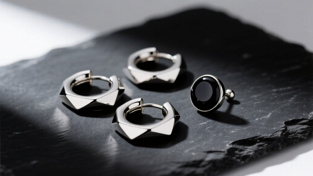 Flat lay of a titanium huggie and single onyx stud on dark slate, showing asymmetrical earring styling for an editorial photoshoot