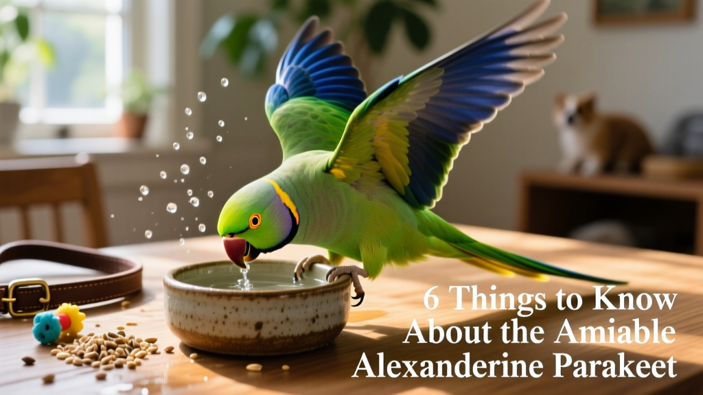 Alexandrine parakeet dipping its head into a shallow water bowl, wings slightly spread, water droplets visible