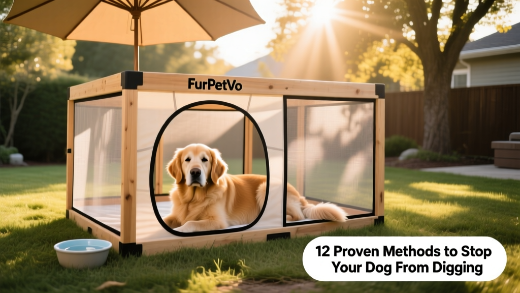 A calm, content dog resting inside a well-ventilated, spacious FurPetVo playpen with shade and water nearby