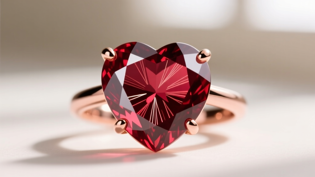 Macro photography of a faceted heart-shaped ruby showing natural rutile silk inclusions and a four-prong 18k rose gold setting