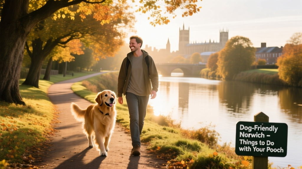 A dog and pet parent walking side-by-side on a scenic, tree-lined trail beside the River Wensum