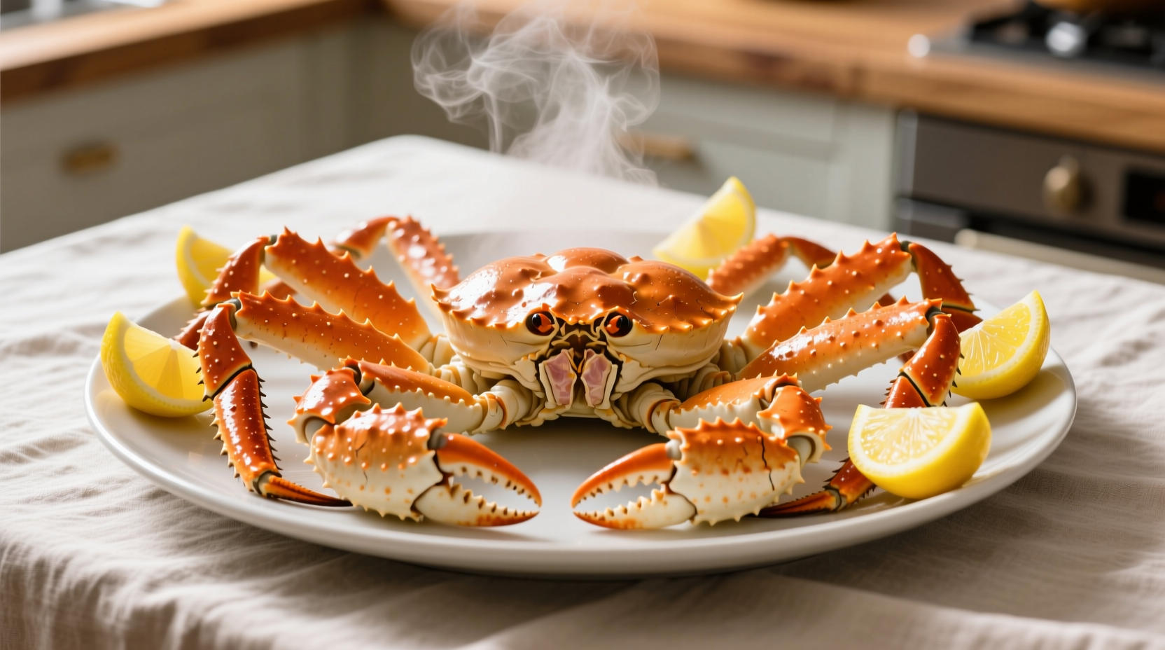 Perfectly steamed king crab legs with lemon wedges